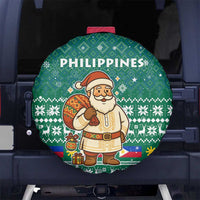 Philippines Christmas Spare Tire Cover with Green Geometric Design, Santa in Barong Tagalog, and National Coat of Arms Motif - Wonder Print Shop