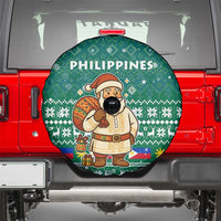Philippines Christmas Spare Tire Cover with Green Geometric Design, Santa in Barong Tagalog, and National Coat of Arms Motif - Wonder Print Shop
