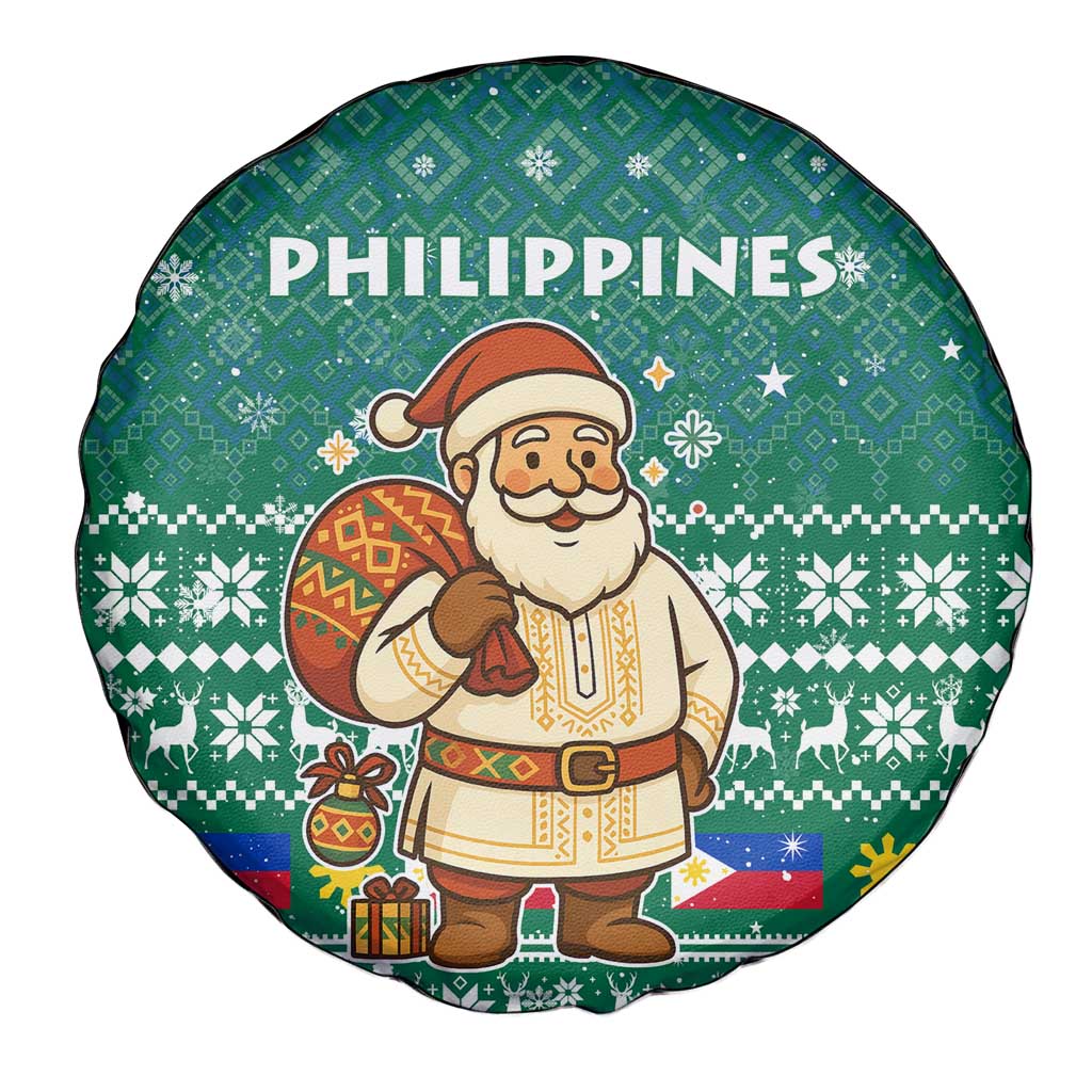 Philippines Christmas Spare Tire Cover with Green Geometric Design, Santa in Barong Tagalog, and National Coat of Arms Motif - Wonder Print Shop