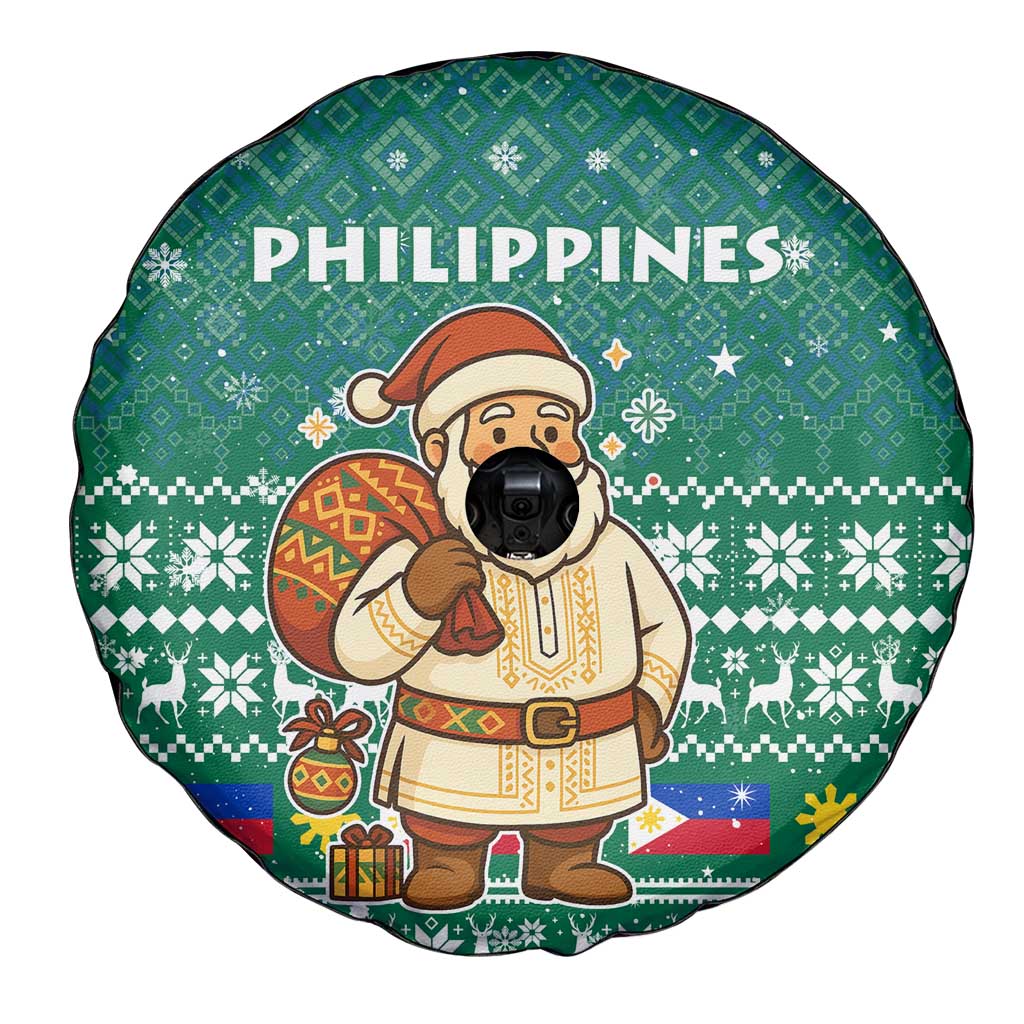 Philippines Christmas Spare Tire Cover with Green Geometric Design, Santa in Barong Tagalog, and National Coat of Arms Motif - Wonder Print Shop