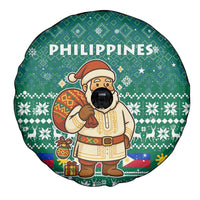 Philippines Christmas Spare Tire Cover with Green Geometric Design, Santa in Barong Tagalog, and National Coat of Arms Motif - Wonder Print Shop