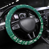 Philippines Christmas Steering Wheel Cover with Green Geometric Design, Santa in Barong Tagalog, and National Coat of Arms Motif - Wonder Print Shop