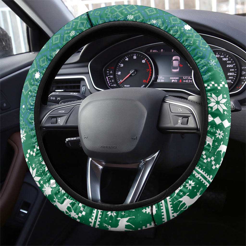 Philippines Christmas Steering Wheel Cover with Green Geometric Design, Santa in Barong Tagalog, and National Coat of Arms Motif - Wonder Print Shop