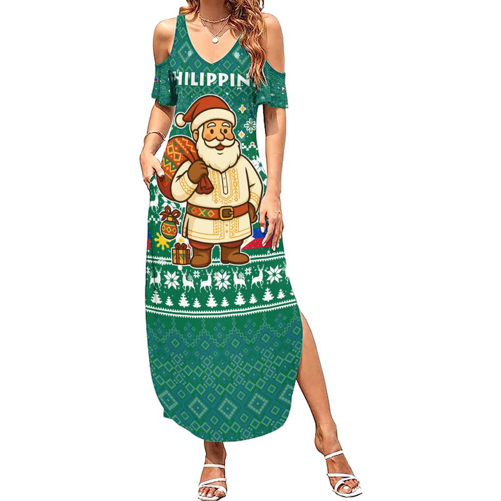 Philippines Christmas Summer Maxi Dress with Green Geometric Design, Santa in Barong Tagalog, and National Coat of Arms Motif - Wonder Print Shop