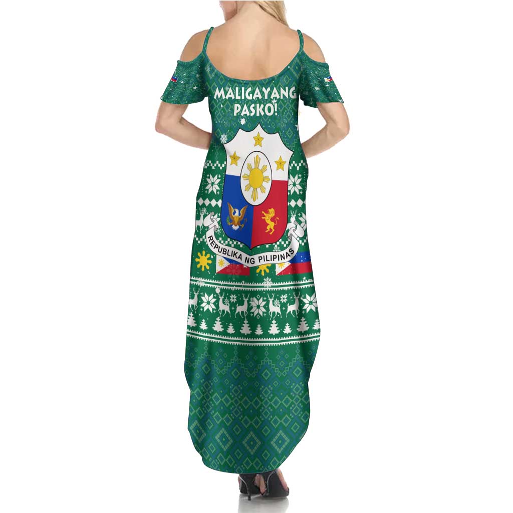 Philippines Christmas Summer Maxi Dress with Green Geometric Design, Santa in Barong Tagalog, and National Coat of Arms Motif - Wonder Print Shop