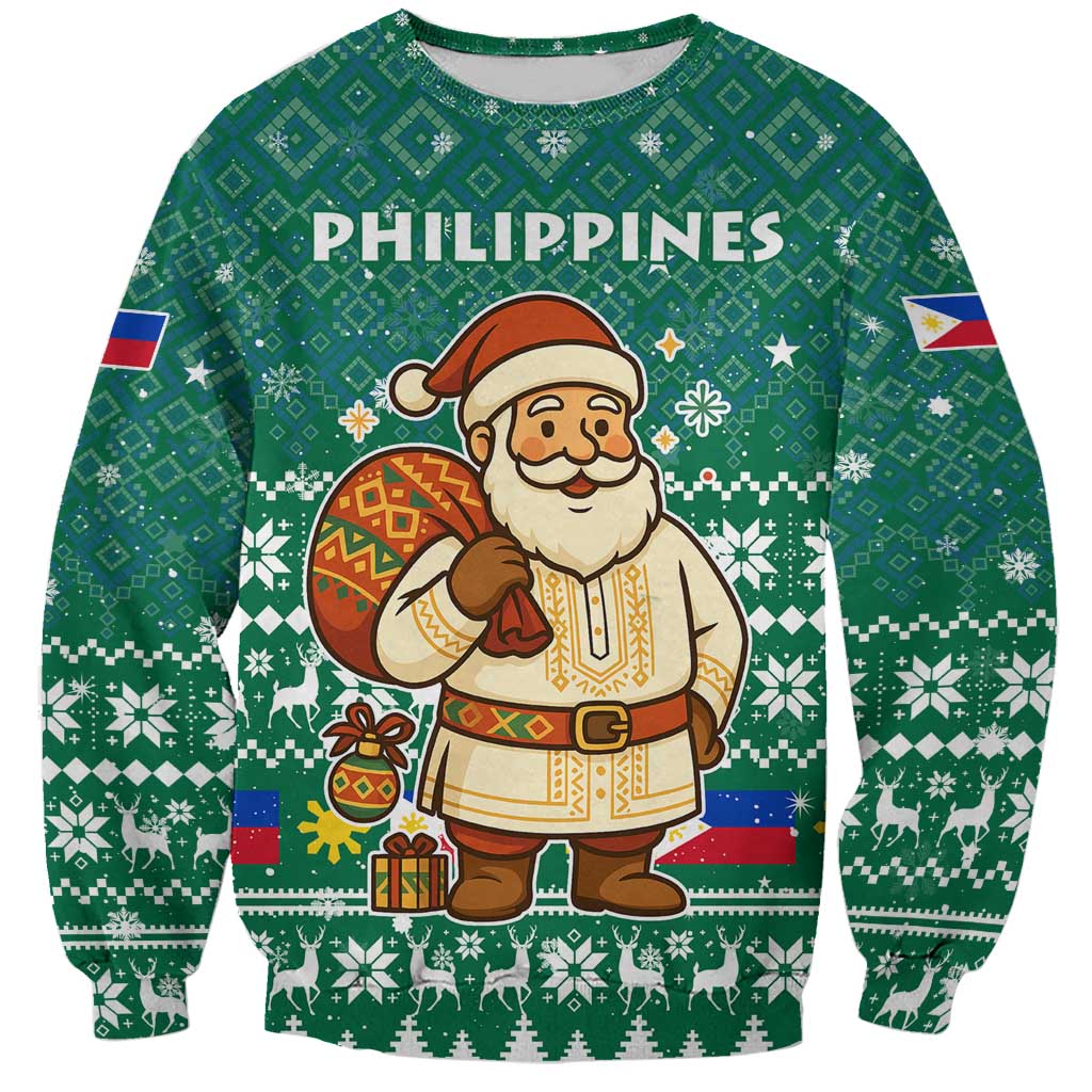 Philippines Christmas Sweatshirt with Green Geometric Design, Santa in Barong Tagalog, and National Coat of Arms Motif - Wonder Print Shop