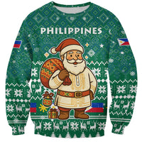 Philippines Christmas Sweatshirt with Green Geometric Design, Santa in Barong Tagalog, and National Coat of Arms Motif - Wonder Print Shop