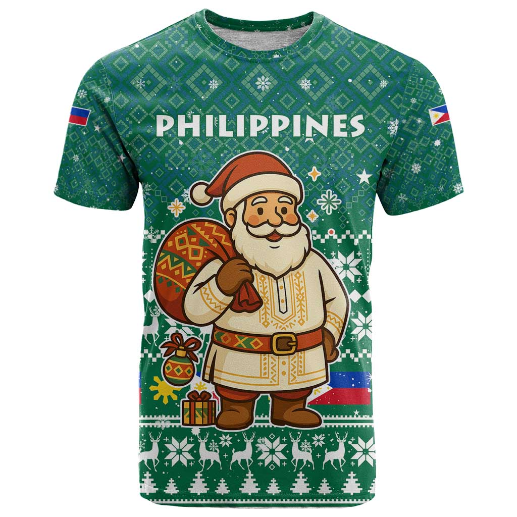 Philippines Christmas T Shirt with Green Geometric Design, Santa in Barong Tagalog, and National Coat of Arms Motif - Wonder Print Shop