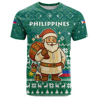 Philippines Christmas T Shirt with Green Geometric Design, Santa in Barong Tagalog, and National Coat of Arms Motif - Wonder Print Shop