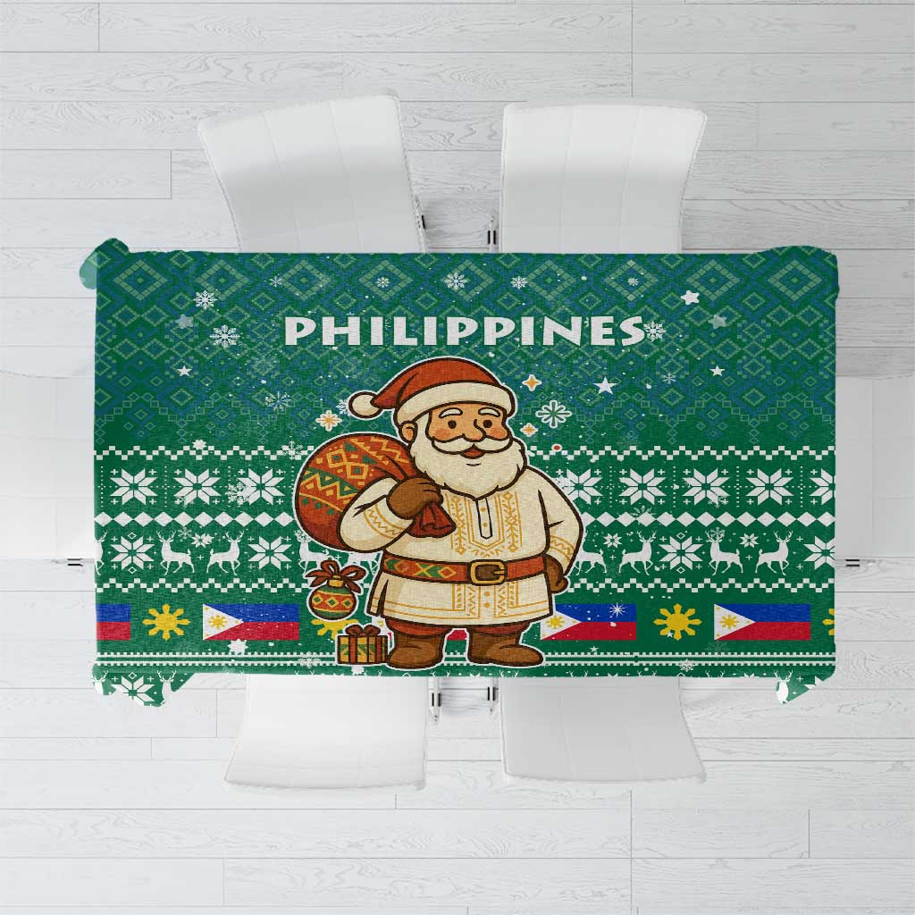 Philippines Christmas Tablecloth with Green Geometric Design, Santa in Barong Tagalog, and National Coat of Arms Motif - Wonder Print Shop