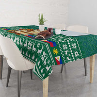 Philippines Christmas Tablecloth with Green Geometric Design, Santa in Barong Tagalog, and National Coat of Arms Motif - Wonder Print Shop