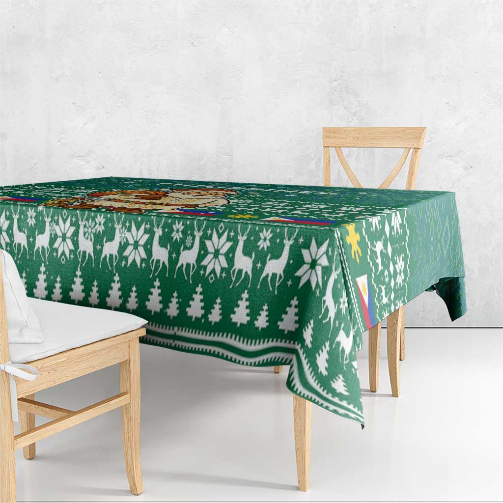Philippines Christmas Tablecloth with Green Geometric Design, Santa in Barong Tagalog, and National Coat of Arms Motif - Wonder Print Shop