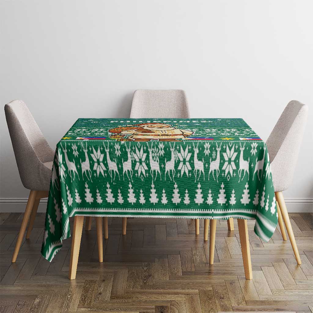 Philippines Christmas Tablecloth with Green Geometric Design, Santa in Barong Tagalog, and National Coat of Arms Motif - Wonder Print Shop