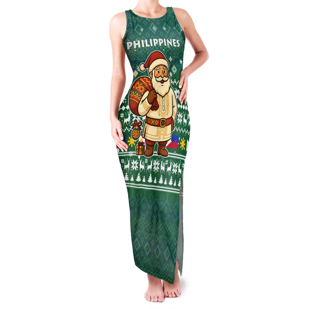 Philippines Christmas Tank Maxi Dress with Green Geometric Design, Santa in Barong Tagalog, and National Coat of Arms Motif - Wonder Print Shop