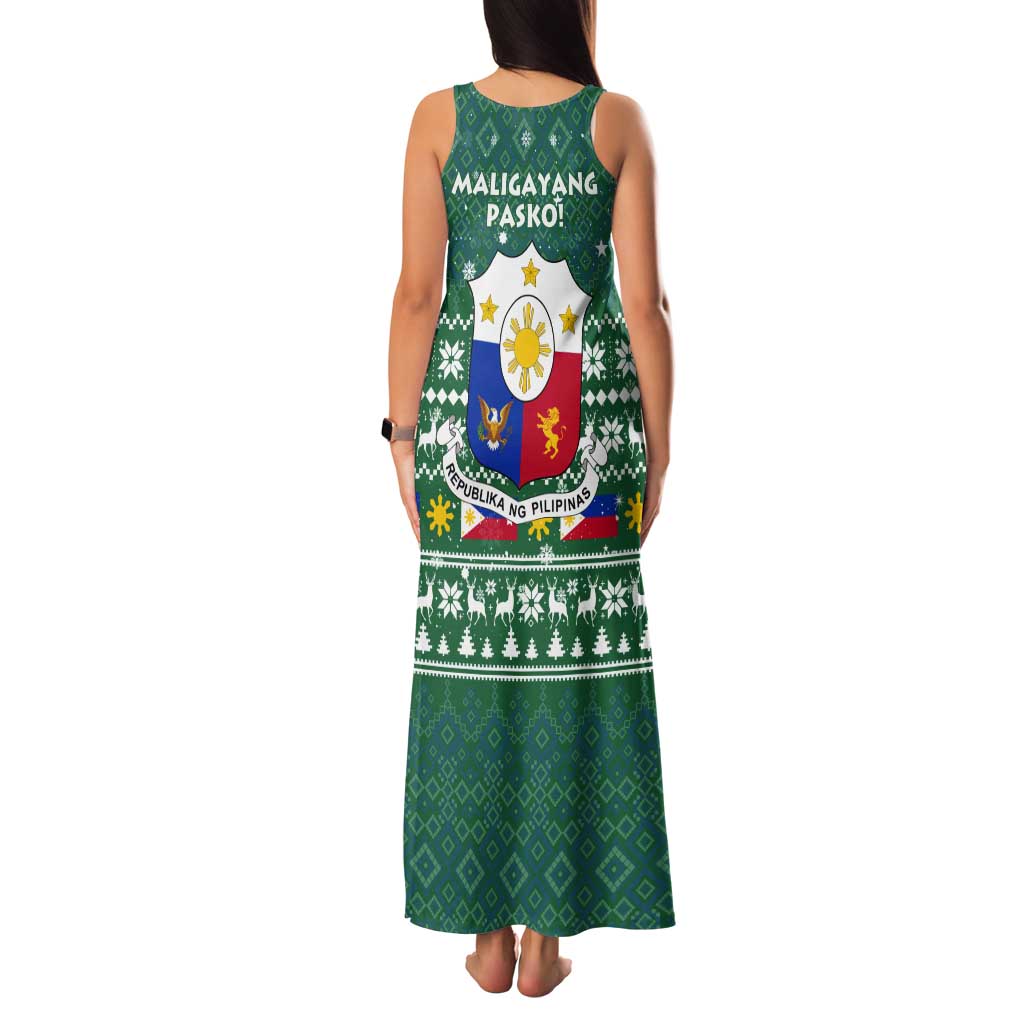 Philippines Christmas Tank Maxi Dress with Green Geometric Design, Santa in Barong Tagalog, and National Coat of Arms Motif - Wonder Print Shop