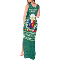 Philippines Christmas Tank Maxi Dress with Green Geometric Design, Santa in Barong Tagalog, and National Coat of Arms Motif - Wonder Print Shop