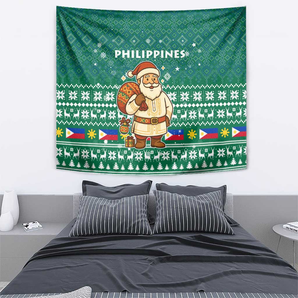 Philippines Christmas Tapestry with Green Geometric Design, Santa in Barong Tagalog, and National Coat of Arms Motif - Wonder Print Shop