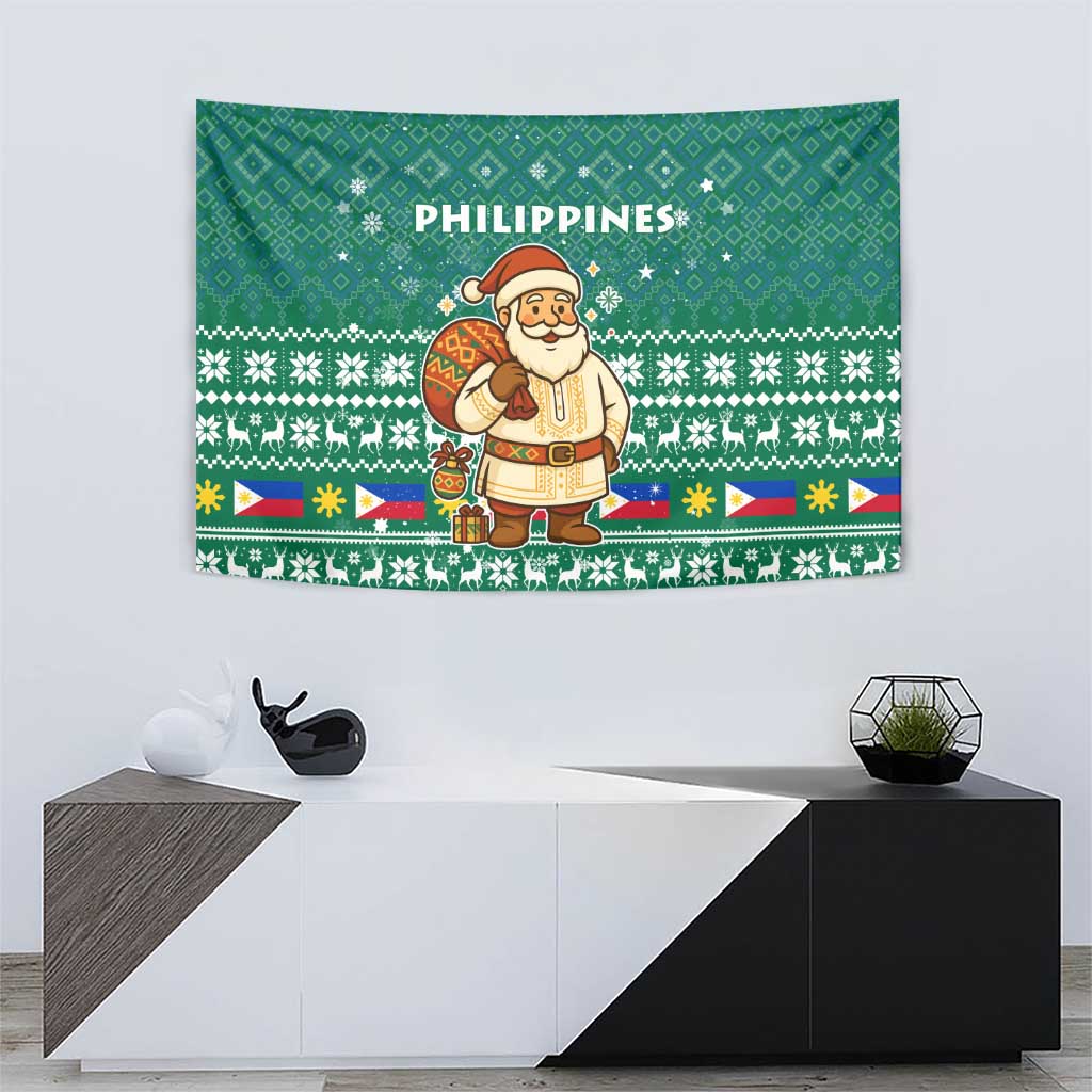 Philippines Christmas Tapestry with Green Geometric Design, Santa in Barong Tagalog, and National Coat of Arms Motif - Wonder Print Shop