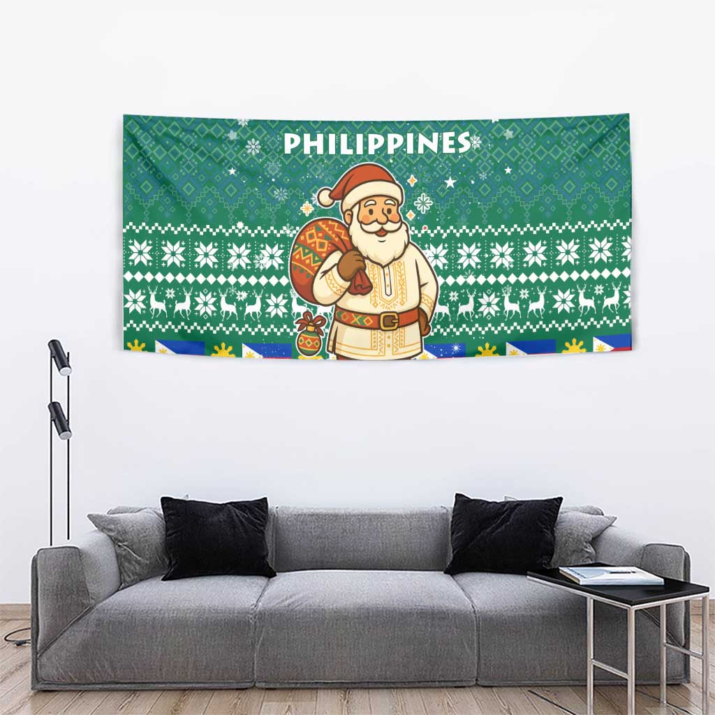 Philippines Christmas Tapestry with Green Geometric Design, Santa in Barong Tagalog, and National Coat of Arms Motif - Wonder Print Shop