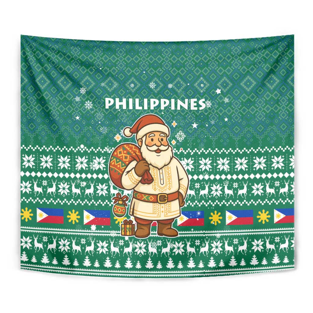 Philippines Christmas Tapestry with Green Geometric Design, Santa in Barong Tagalog, and National Coat of Arms Motif - Wonder Print Shop