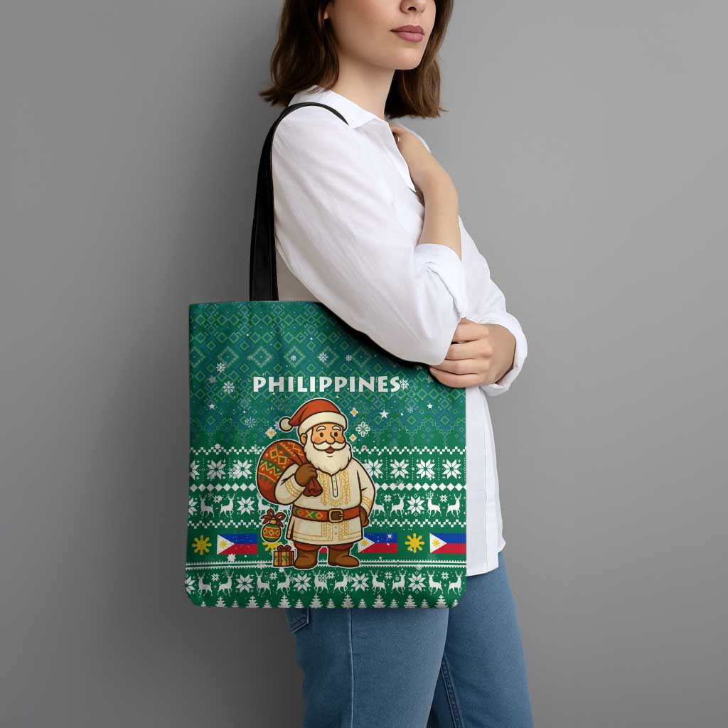 Philippines Christmas Tote Bag with Green Geometric Design, Santa in Barong Tagalog, and National Coat of Arms Motif - Wonder Print Shop