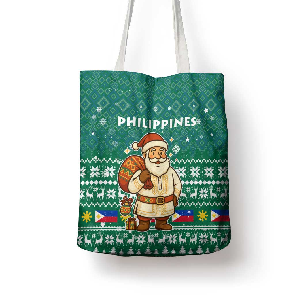 Philippines Christmas Tote Bag with Green Geometric Design, Santa in Barong Tagalog, and National Coat of Arms Motif - Wonder Print Shop