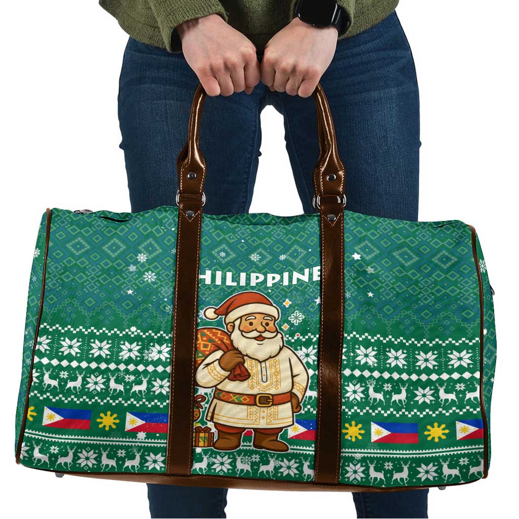 Philippines Christmas Travel Bag with Green Geometric Design, Santa in Barong Tagalog, and National Coat of Arms Motif - Wonder Print Shop