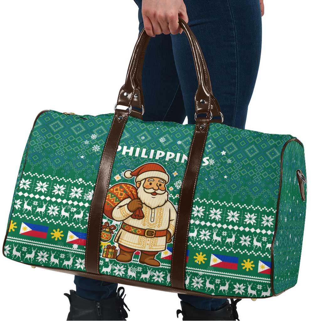 Philippines Christmas Travel Bag with Green Geometric Design, Santa in Barong Tagalog, and National Coat of Arms Motif - Wonder Print Shop