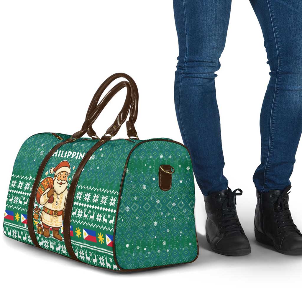 Philippines Christmas Travel Bag with Green Geometric Design, Santa in Barong Tagalog, and National Coat of Arms Motif - Wonder Print Shop