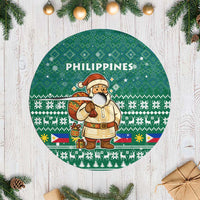 Philippines Christmas Tree Skirt with Green Geometric Design, Santa in Barong Tagalog, and National Coat of Arms Motif - Wonder Print Shop