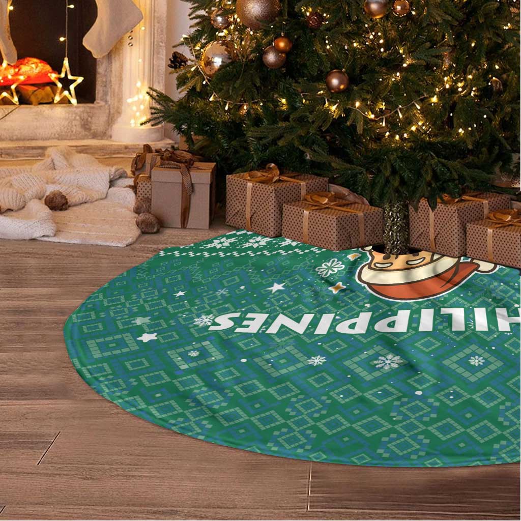 Philippines Christmas Tree Skirt with Green Geometric Design, Santa in Barong Tagalog, and National Coat of Arms Motif - Wonder Print Shop