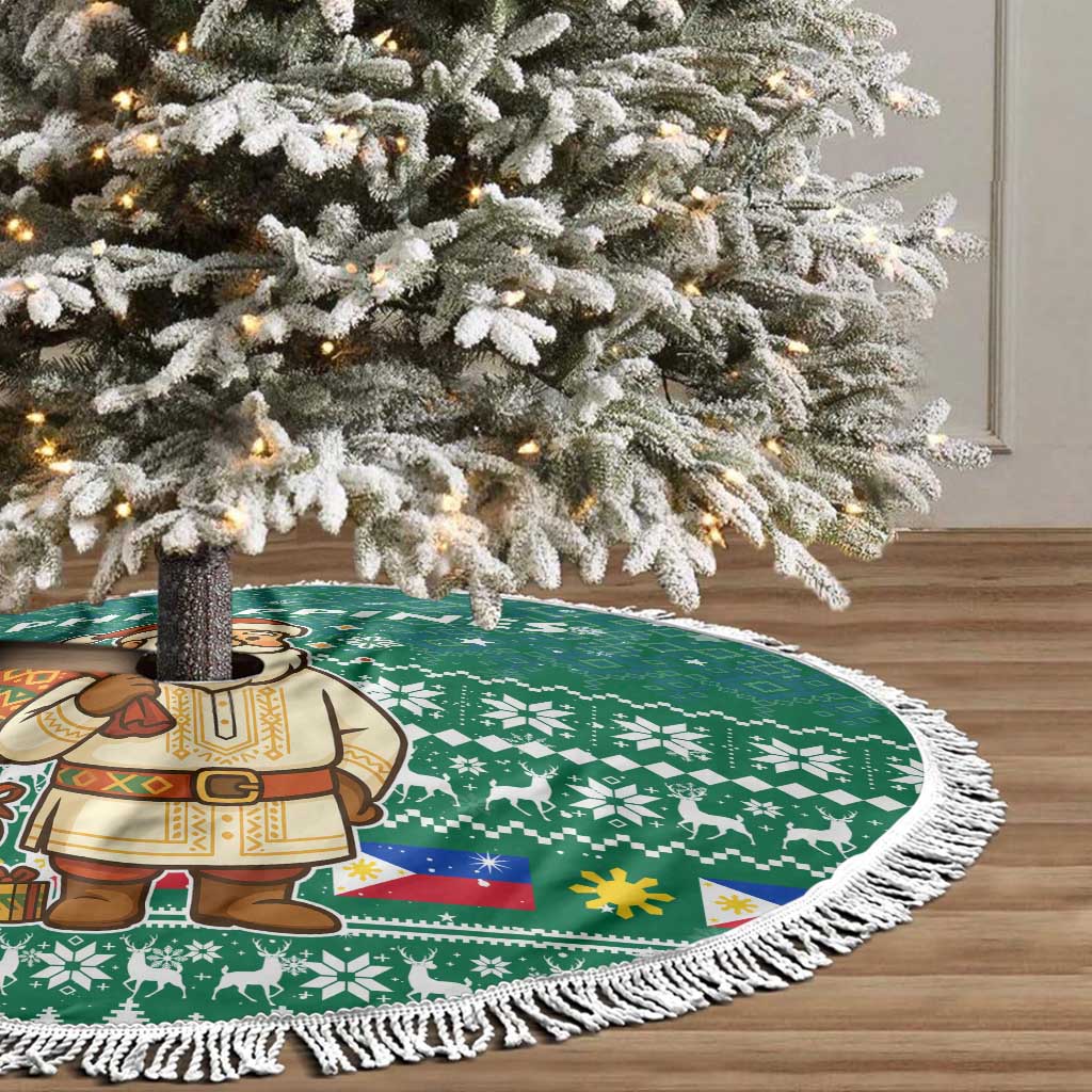 Philippines Christmas Tree Skirt with Green Geometric Design, Santa in Barong Tagalog, and National Coat of Arms Motif - Wonder Print Shop