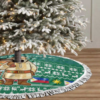 Philippines Christmas Tree Skirt with Green Geometric Design, Santa in Barong Tagalog, and National Coat of Arms Motif - Wonder Print Shop