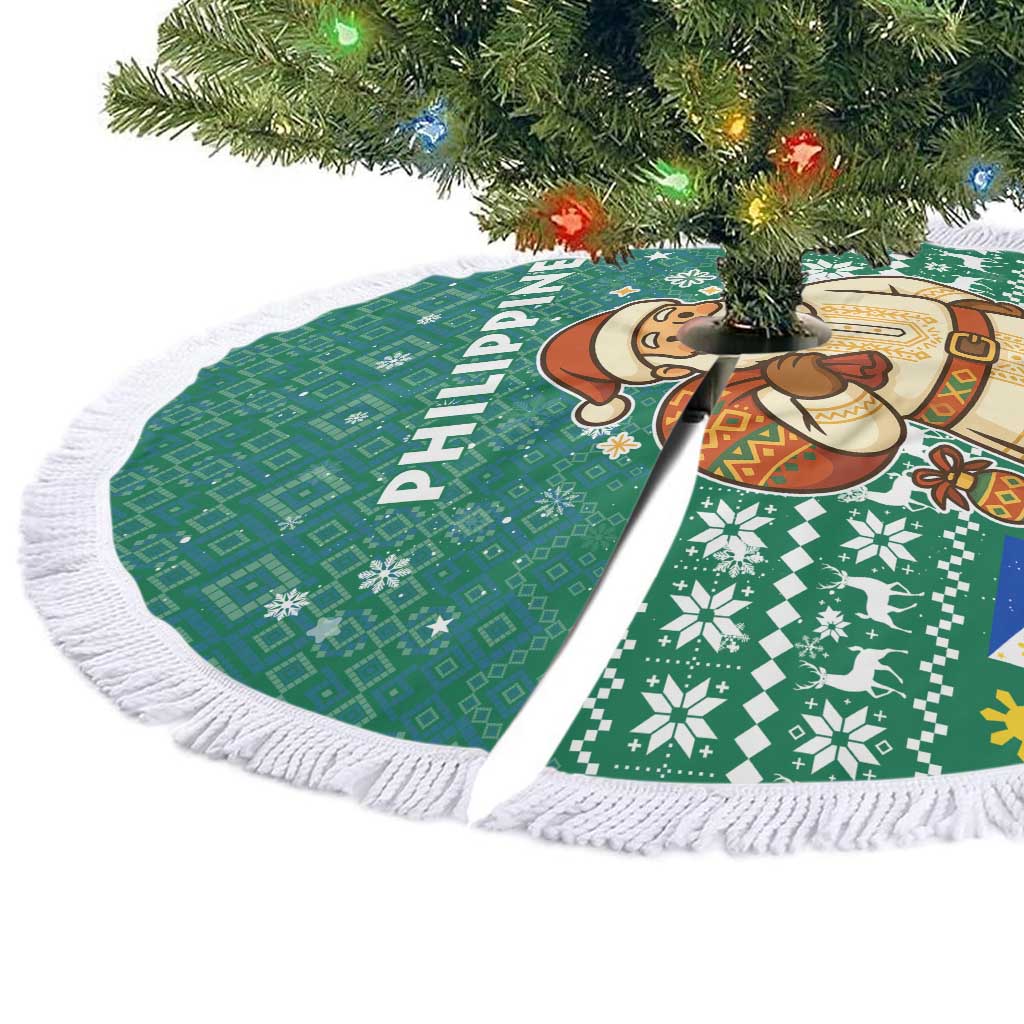 Philippines Christmas Tree Skirt with Green Geometric Design, Santa in Barong Tagalog, and National Coat of Arms Motif - Wonder Print Shop
