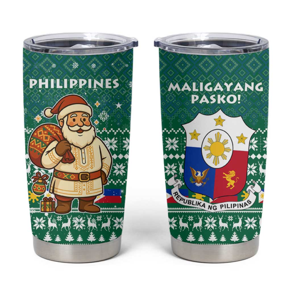 Philippines Christmas Tumbler Cup with Green Geometric Design, Santa in Barong Tagalog, and National Coat of Arms Motif - Wonder Print Shop