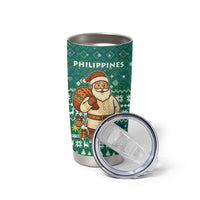 Philippines Christmas Tumbler Cup with Green Geometric Design, Santa in Barong Tagalog, and National Coat of Arms Motif - Wonder Print Shop
