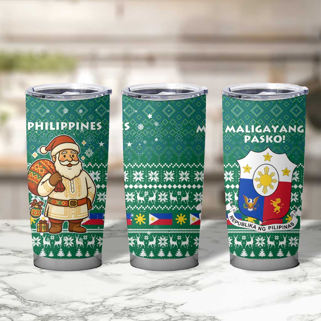 Philippines Christmas Tumbler Cup with Green Geometric Design, Santa in Barong Tagalog, and National Coat of Arms Motif - Wonder Print Shop