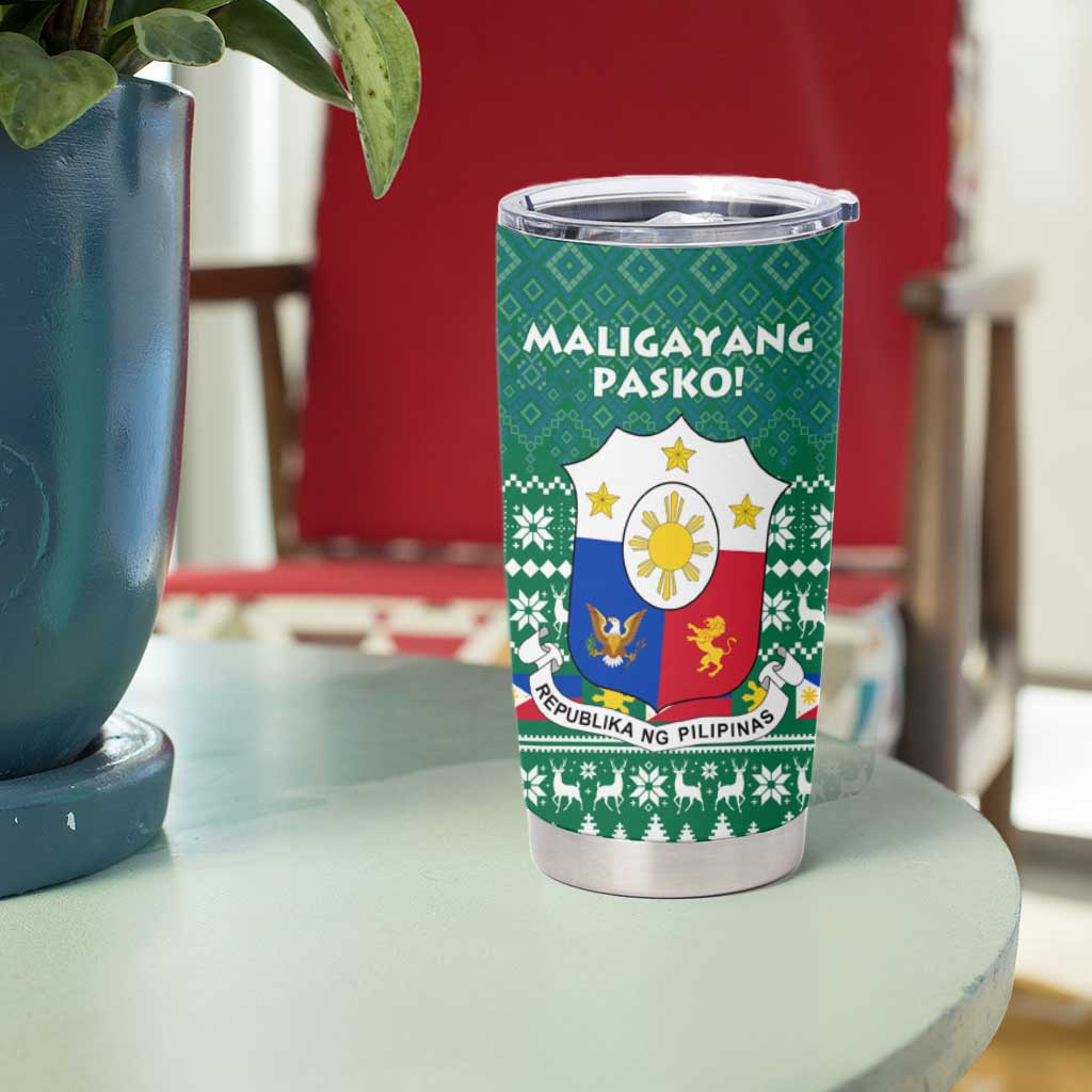 Philippines Christmas Tumbler Cup with Green Geometric Design, Santa in Barong Tagalog, and National Coat of Arms Motif - Wonder Print Shop