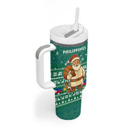 Philippines Christmas Tumbler With Handle with Green Geometric Design, Santa in Barong Tagalog, and National Coat of Arms Motif - Wonder Print Shop