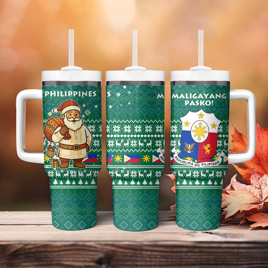 Philippines Christmas Tumbler With Handle with Green Geometric Design, Santa in Barong Tagalog, and National Coat of Arms Motif - Wonder Print Shop