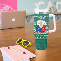Philippines Christmas Tumbler With Handle with Green Geometric Design, Santa in Barong Tagalog, and National Coat of Arms Motif - Wonder Print Shop