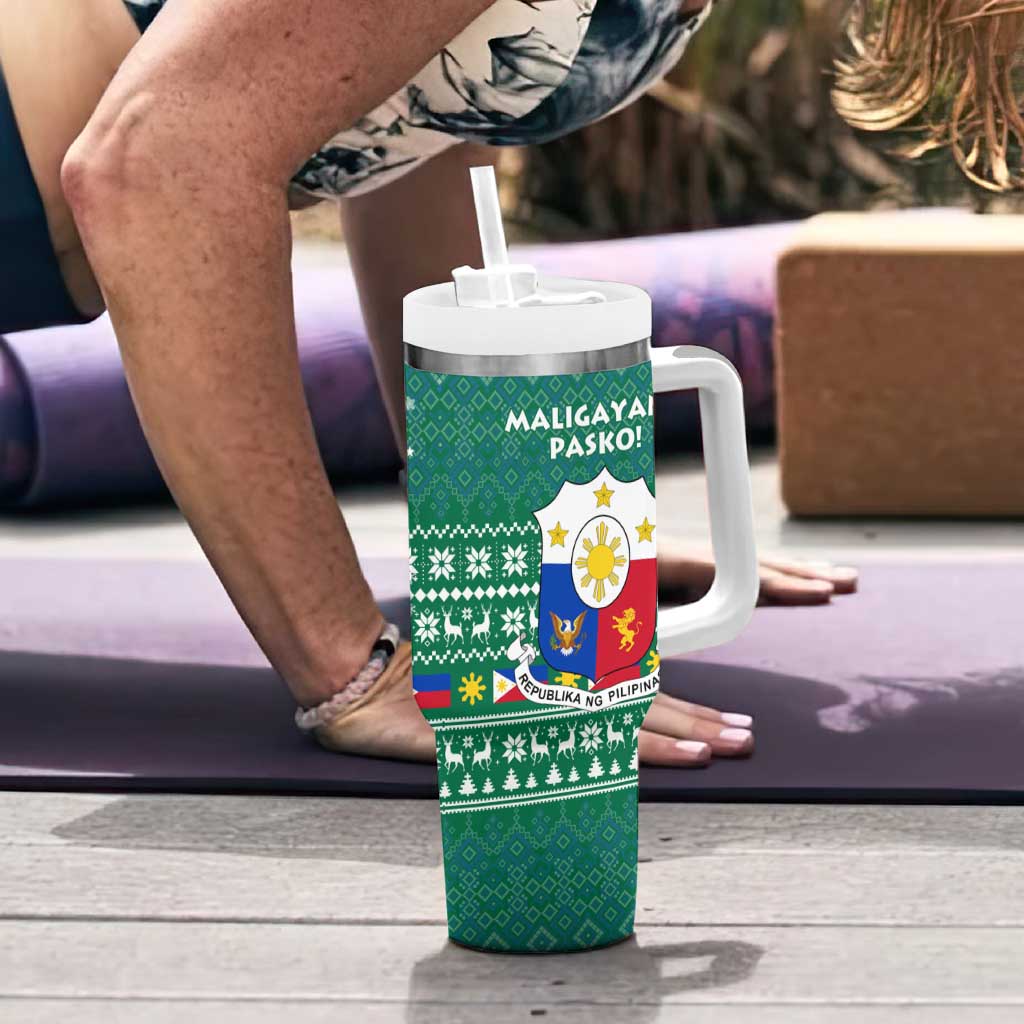 Philippines Christmas Tumbler With Handle with Green Geometric Design, Santa in Barong Tagalog, and National Coat of Arms Motif - Wonder Print Shop