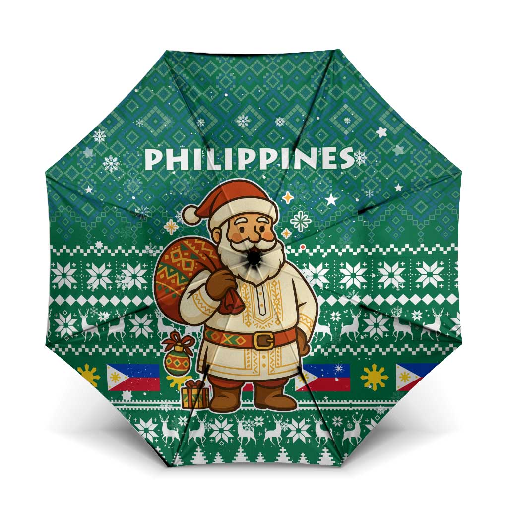 Philippines Christmas Umbrella with Green Geometric Design, Santa in Barong Tagalog, and National Coat of Arms Motif - Wonder Print Shop