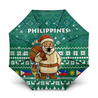 Philippines Christmas Umbrella with Green Geometric Design, Santa in Barong Tagalog, and National Coat of Arms Motif - Wonder Print Shop