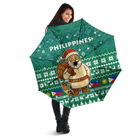 Philippines Christmas Umbrella with Green Geometric Design, Santa in Barong Tagalog, and National Coat of Arms Motif - Wonder Print Shop