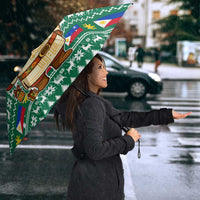 Philippines Christmas Umbrella with Green Geometric Design, Santa in Barong Tagalog, and National Coat of Arms Motif - Wonder Print Shop