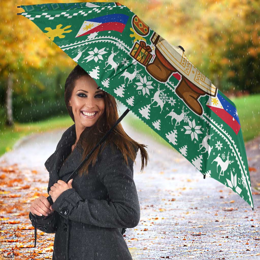 Philippines Christmas Umbrella with Green Geometric Design, Santa in Barong Tagalog, and National Coat of Arms Motif - Wonder Print Shop