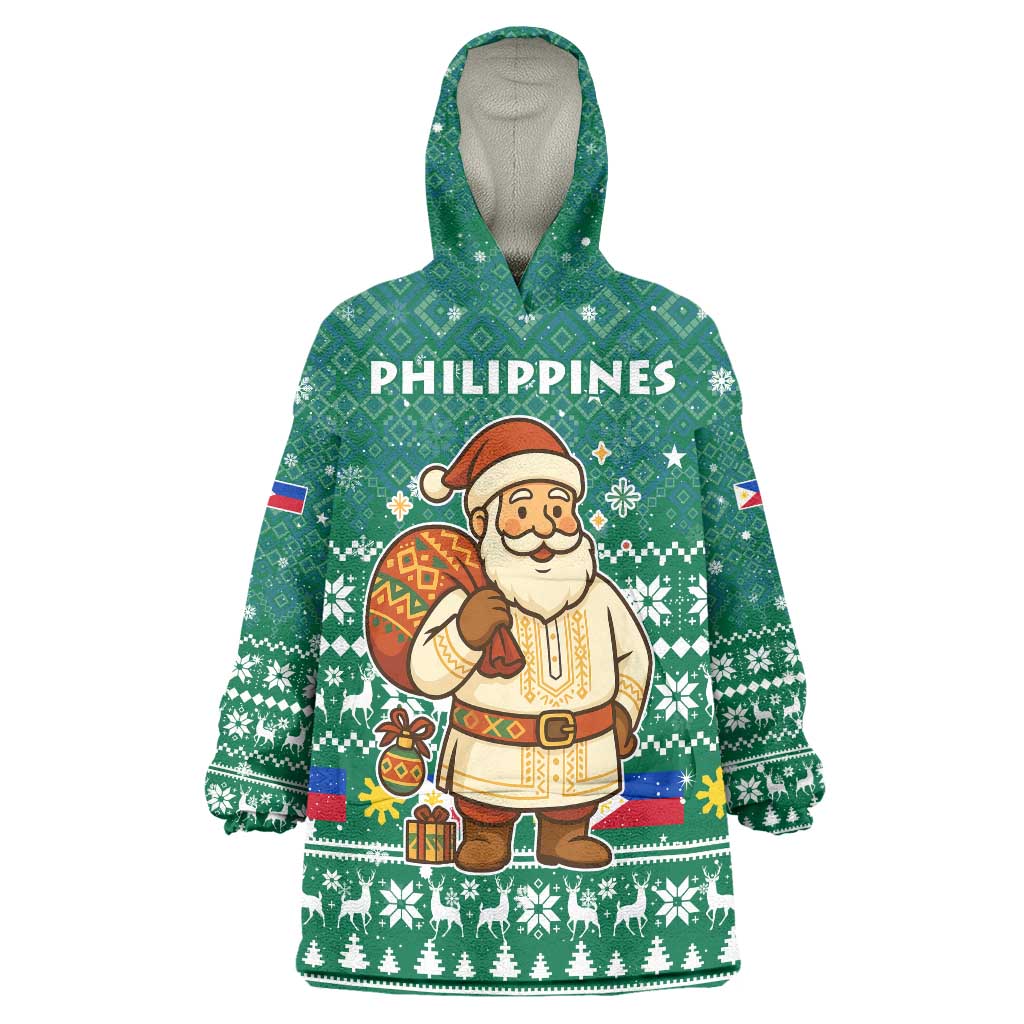 Philippines Christmas Wearable Blanket Hoodie with Green Geometric Design, Santa in Barong Tagalog, and National Coat of Arms Motif - Wonder Print Shop