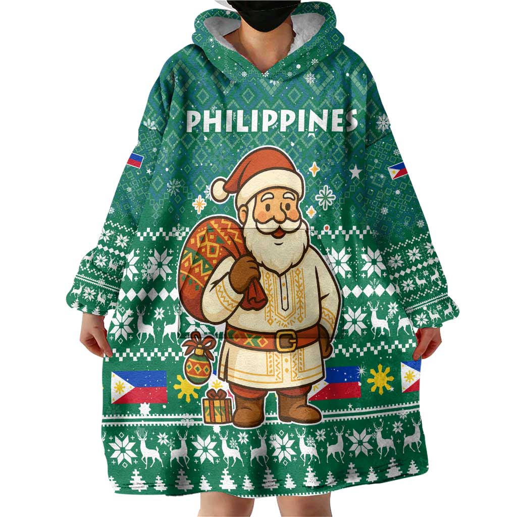 Philippines Christmas Wearable Blanket Hoodie with Green Geometric Design, Santa in Barong Tagalog, and National Coat of Arms Motif - Wonder Print Shop
