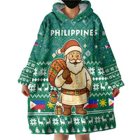 Philippines Christmas Wearable Blanket Hoodie with Green Geometric Design, Santa in Barong Tagalog, and National Coat of Arms Motif - Wonder Print Shop